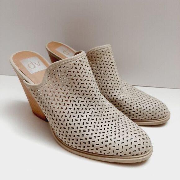 DV by Dolce Vita \ Slip-On Laser Cut-Out Mules Chunky High Heel Shoes Cream 7.5 - Picture 16 of 16